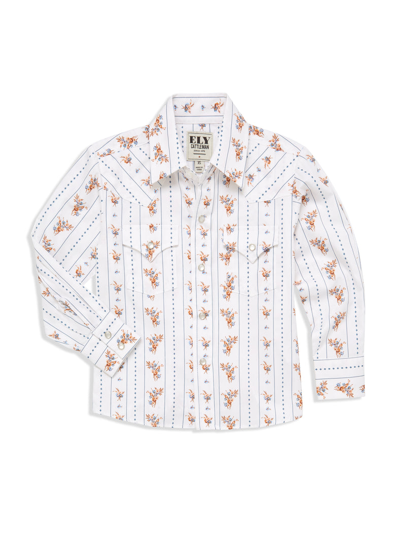 Boy's Ely Cattleman Long Sleeve Floral Stripe Print Snap Shirt- Brown & White