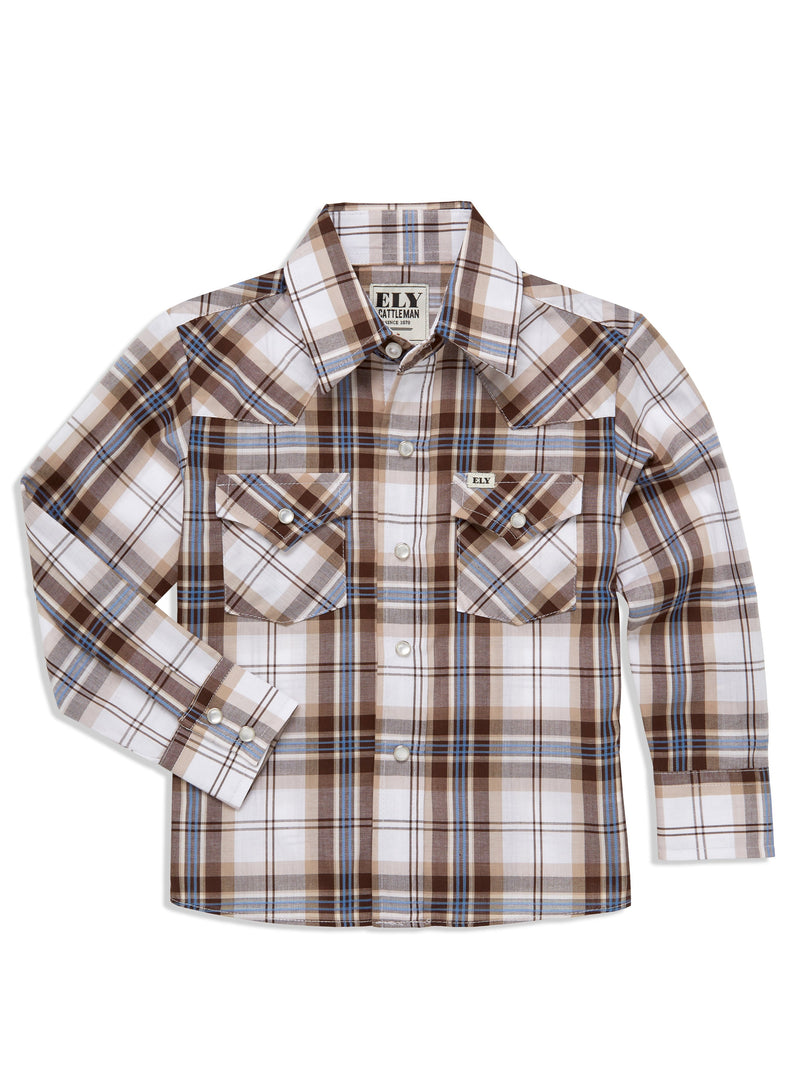 Boy's Ely Cattleman Long Sleeve Textured Plaid Western Snap Shirt- Blue & Brown