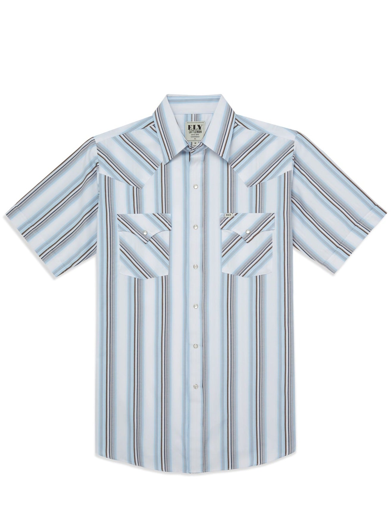 Men's Ely Cattleman Short Sleeve Stripe Western Snap Shirt- Blue & Tan