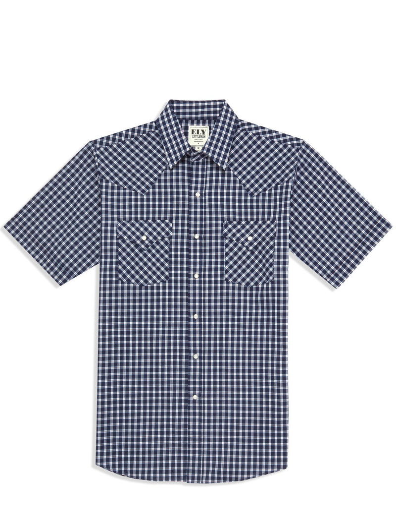 Men's Ely Cattleman Short Sleeve Plaid Western Snap Shirt- Brown & Navy