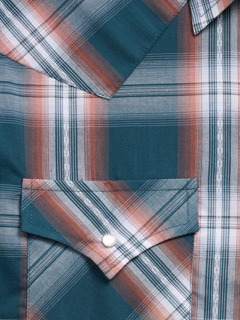 Men's Ely Cattleman Long Sleeve Textured Plaid Western Snap Shirt- Teal