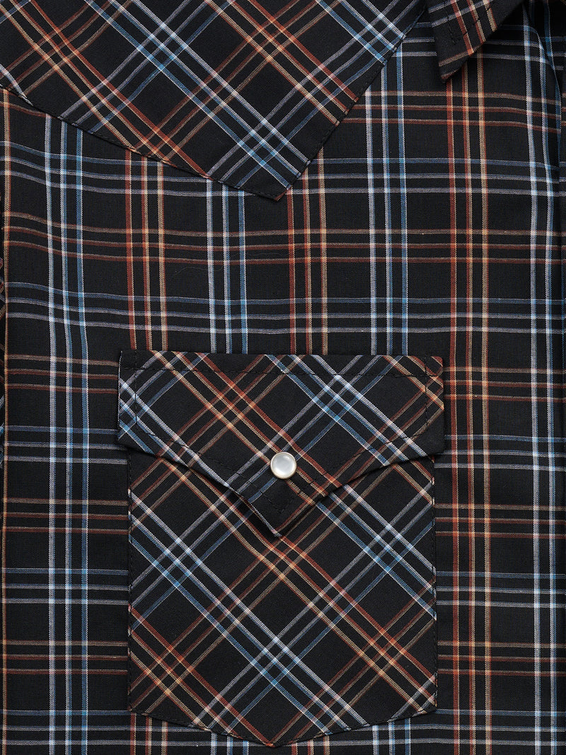 Men's Ely Cattleman Long Sleeve Textured Plaid Western Snap Shirt- Black