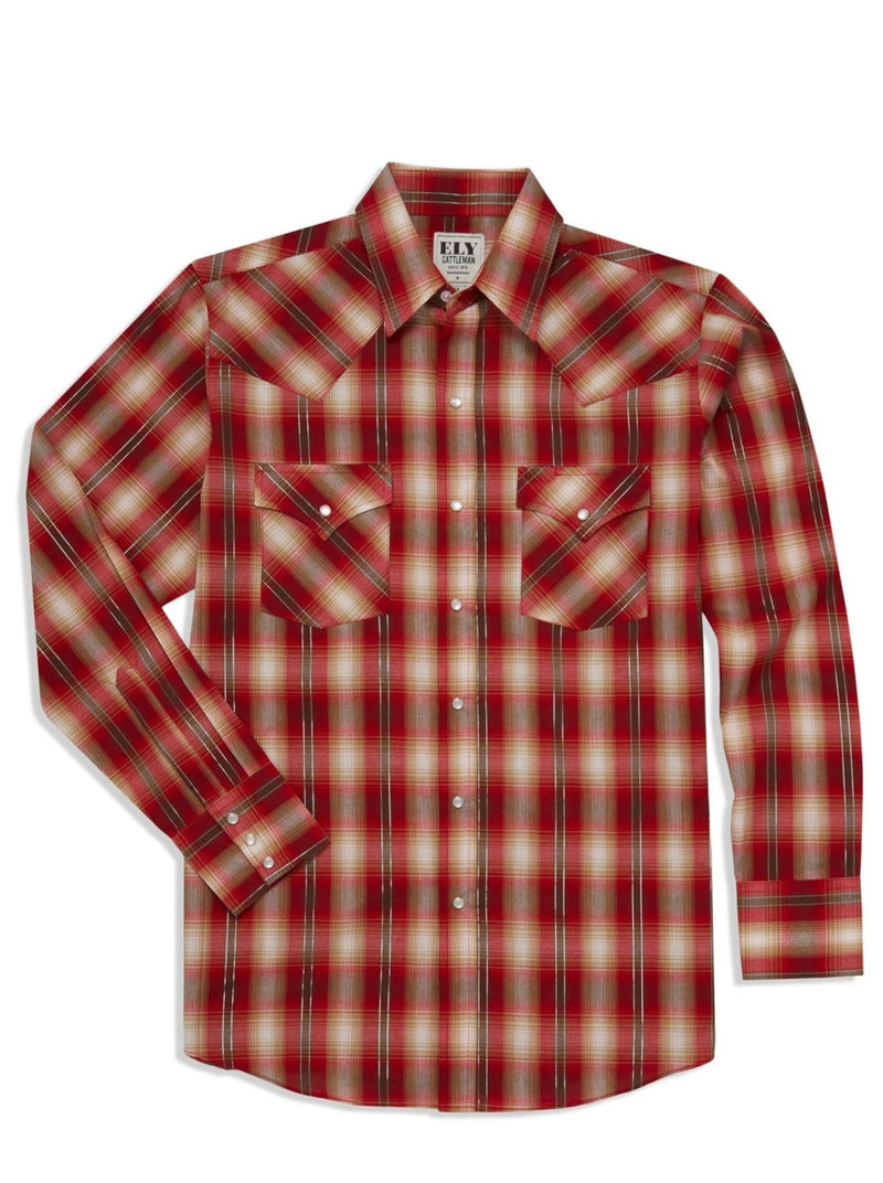 Men's Ely Cattleman Long Sleeve Metallic Thread Plaid Western Snap Shirt- Red & Turquoise