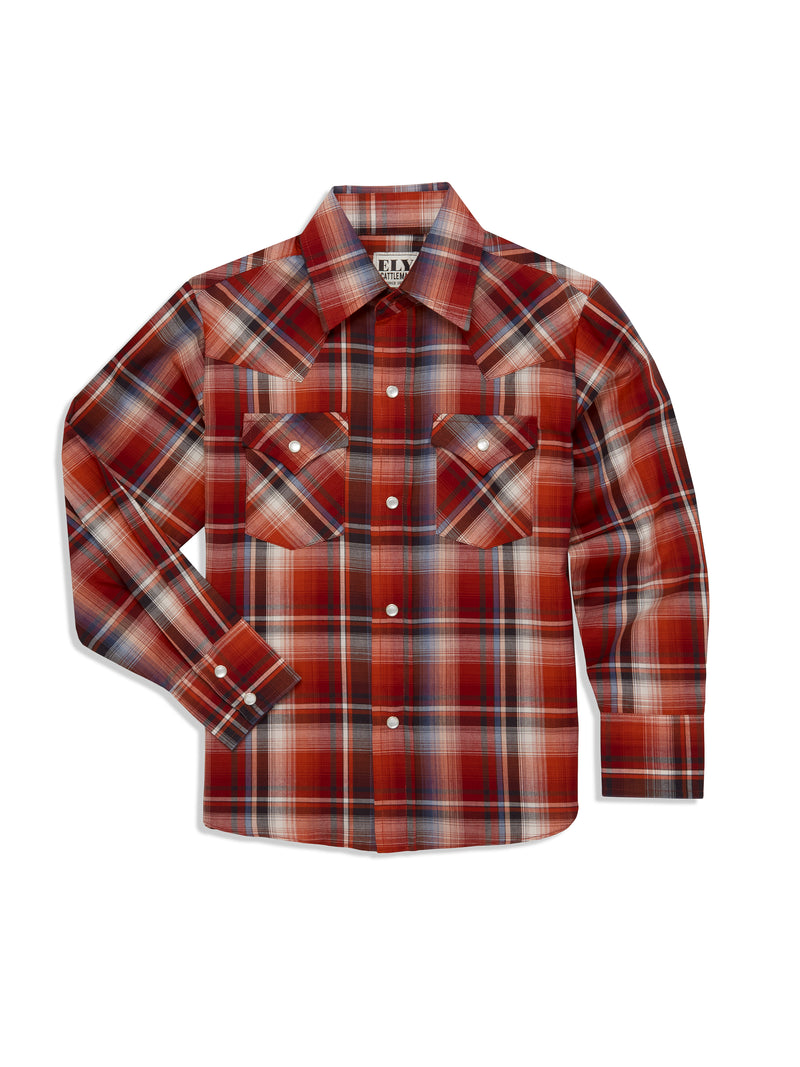 Boy's Ely Cattleman Long Sleeve Ombre Plaid Western Snap Shirt- Rust