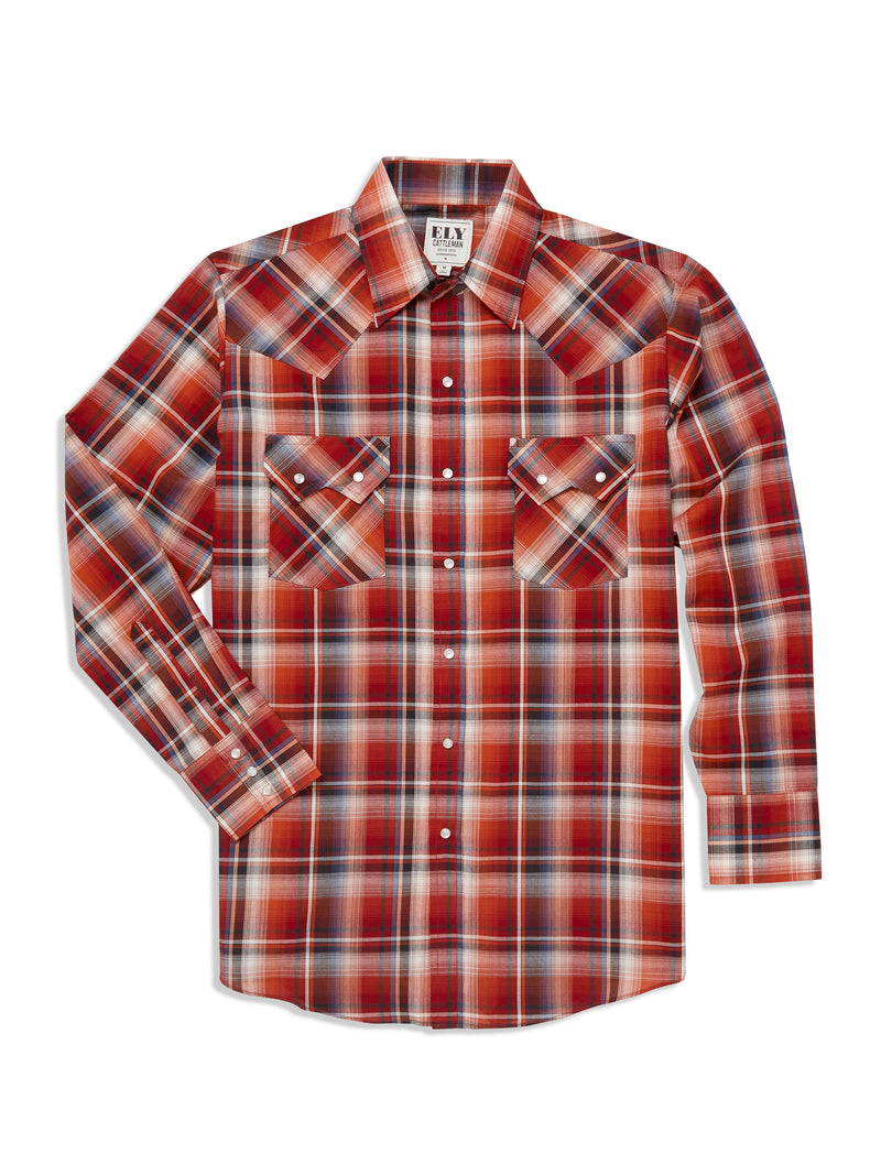 Men's Ely Cattleman Long Sleeve Ombre Plaid Western Snap Shirt- Blue & Rust