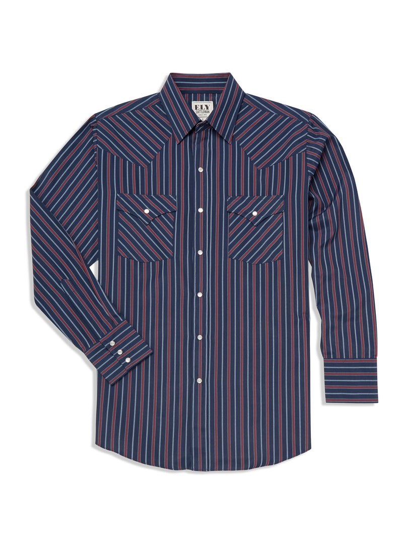 Men's Ely Cattleman Long Sleeve Textured Stripe Western Snap Shirt- Black & Navy