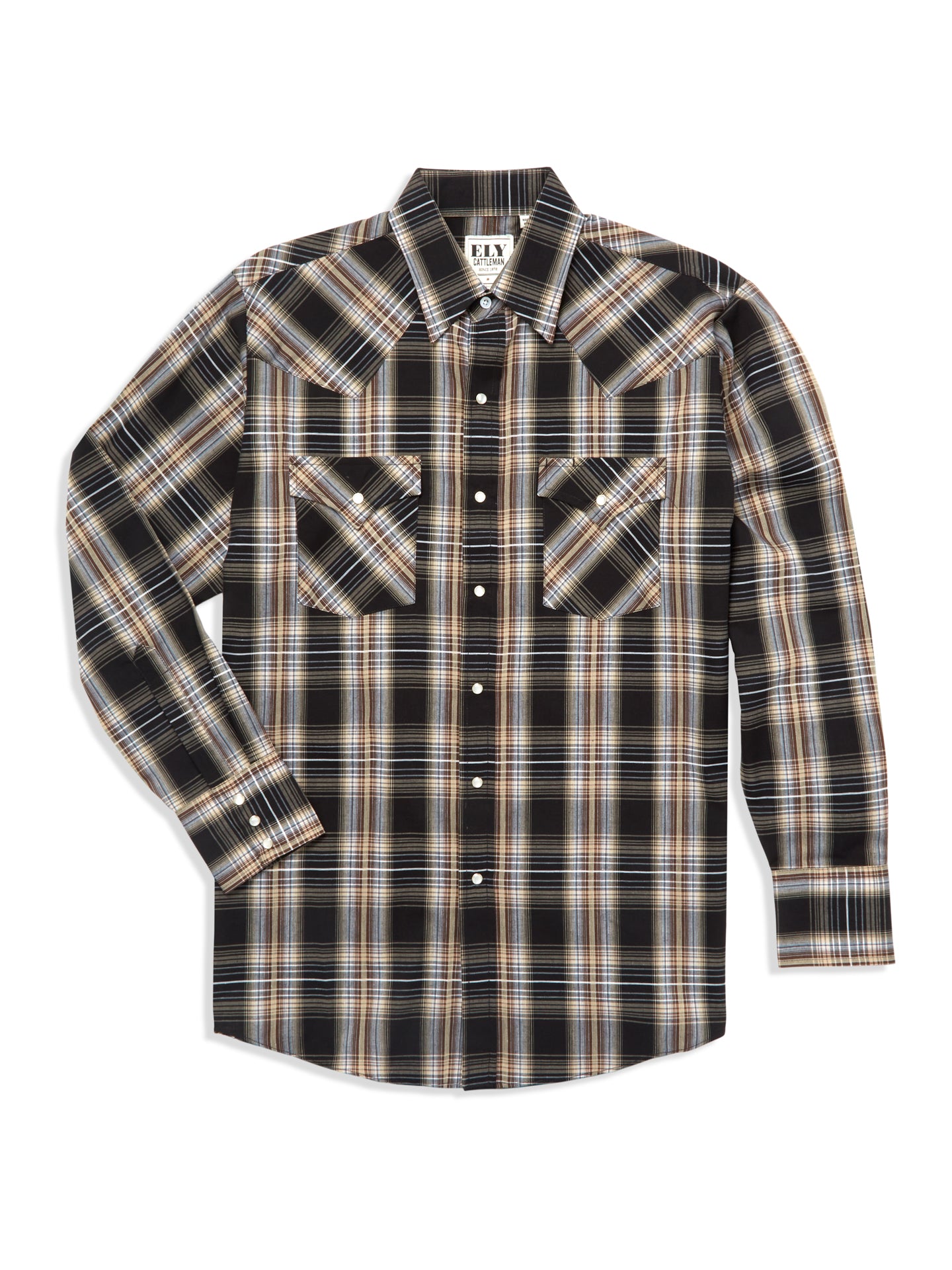 Men's Ely Cattleman Long Sleeve Textured Plaid Western Snap Shirt- Black