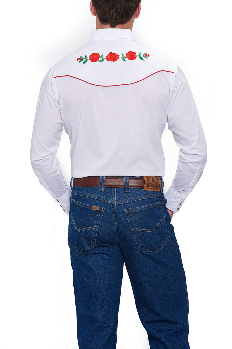 Long Sleeve Western Shirt with Red Rose Embroidery in White | Ely Cattleman