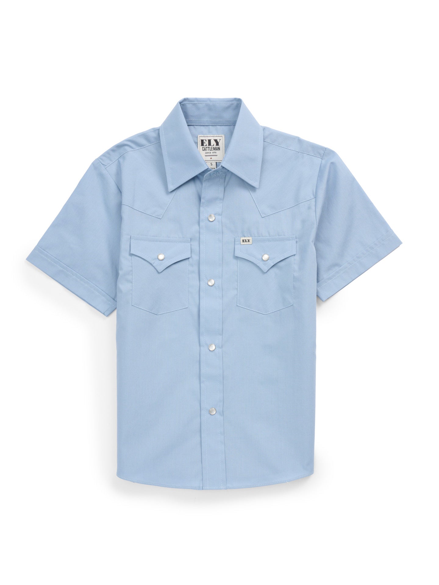 Boy's Ely Cattleman Short Sleeve Solid Stone Blue Western Snap Shirt
