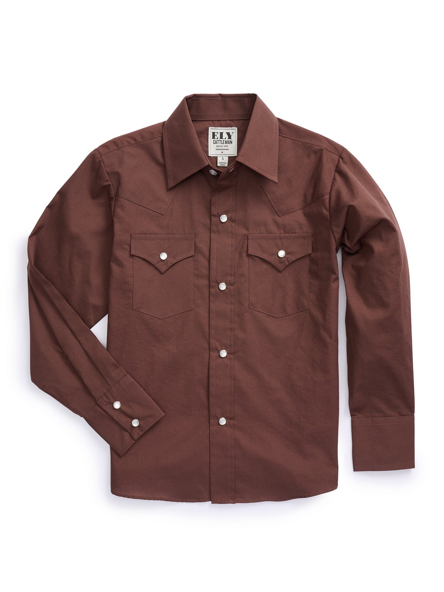 Boy's Ely Cattleman Long Sleeve Solid Brown Western Snap Shirt L