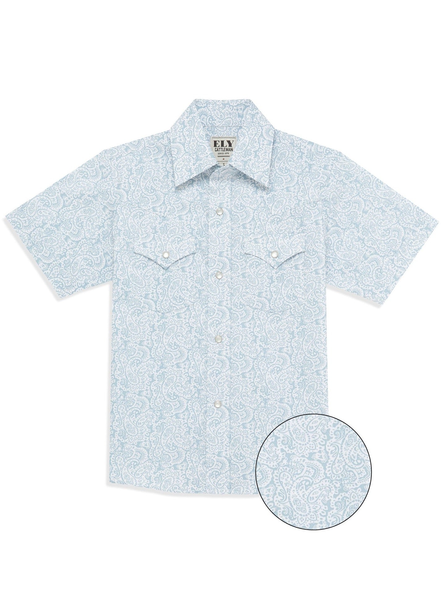 Boy's Ely Cattleman Short Sleeve Paisley Print Snap Shirt- Blue & Khaki