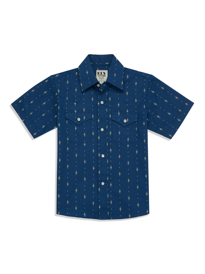 Boy's Ely Cattleman Short Sleeve Diamond Aztec Print Snap Shirt- Navy & White