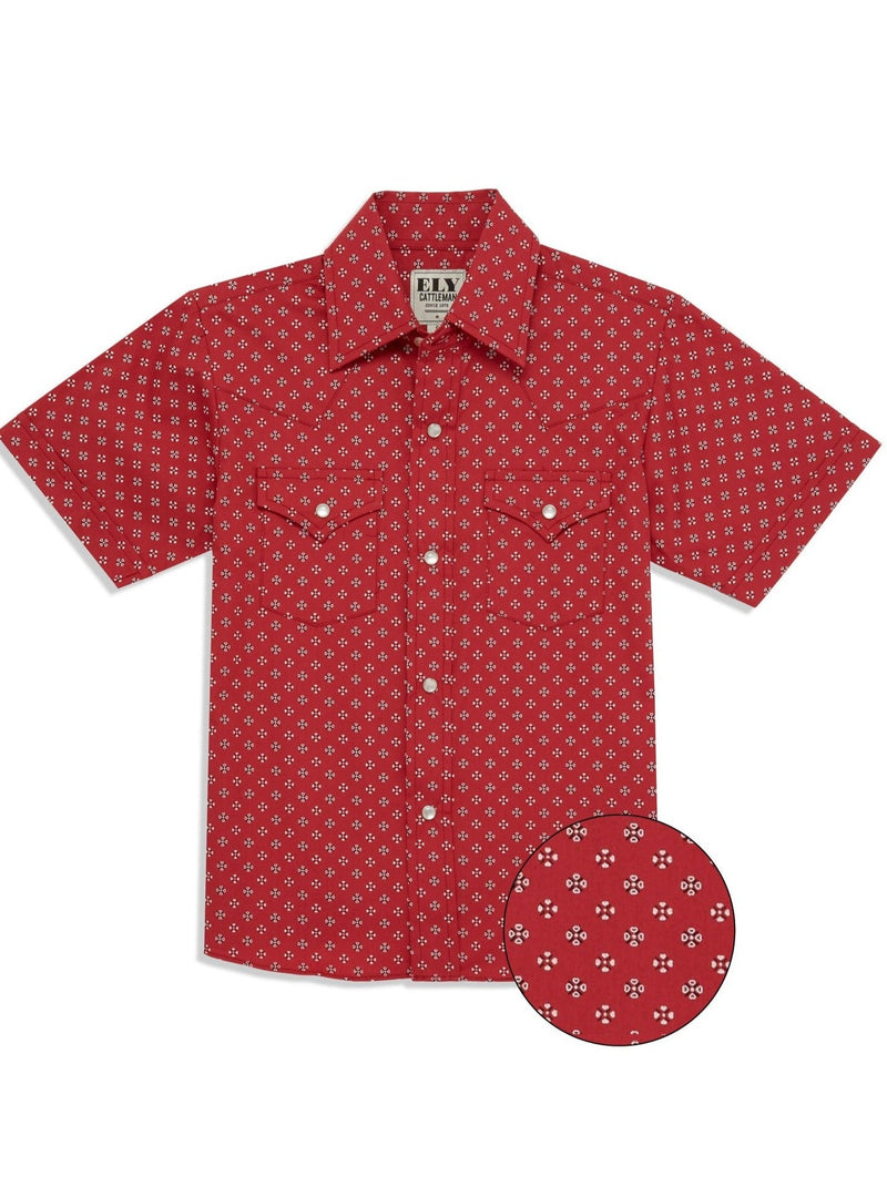 Boy's Ely Cattleman Short Sleeve Mini Bandana Print Snap Shirt- Blue & Red