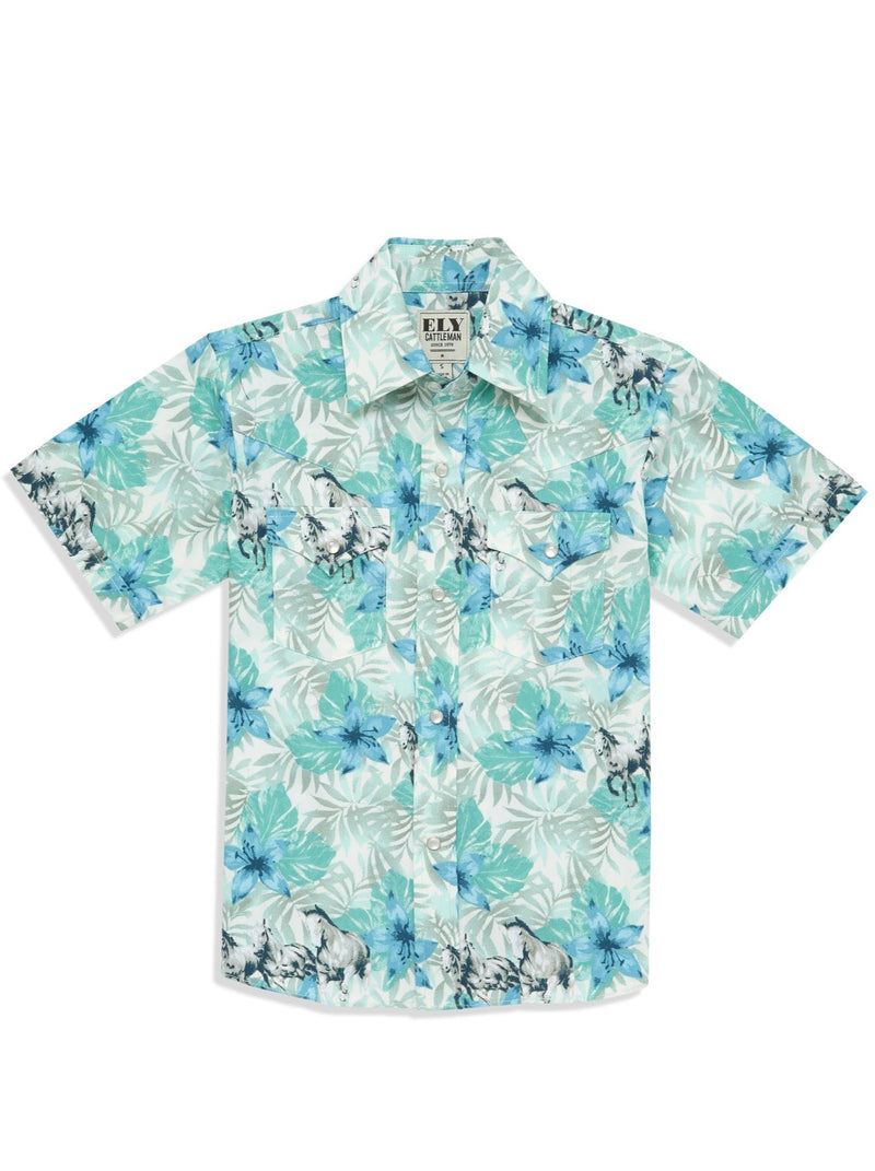 Boy's Ely Cattleman Short Sleeve Hawaiian Horse Print Snap Shirt- Tan & Ecru