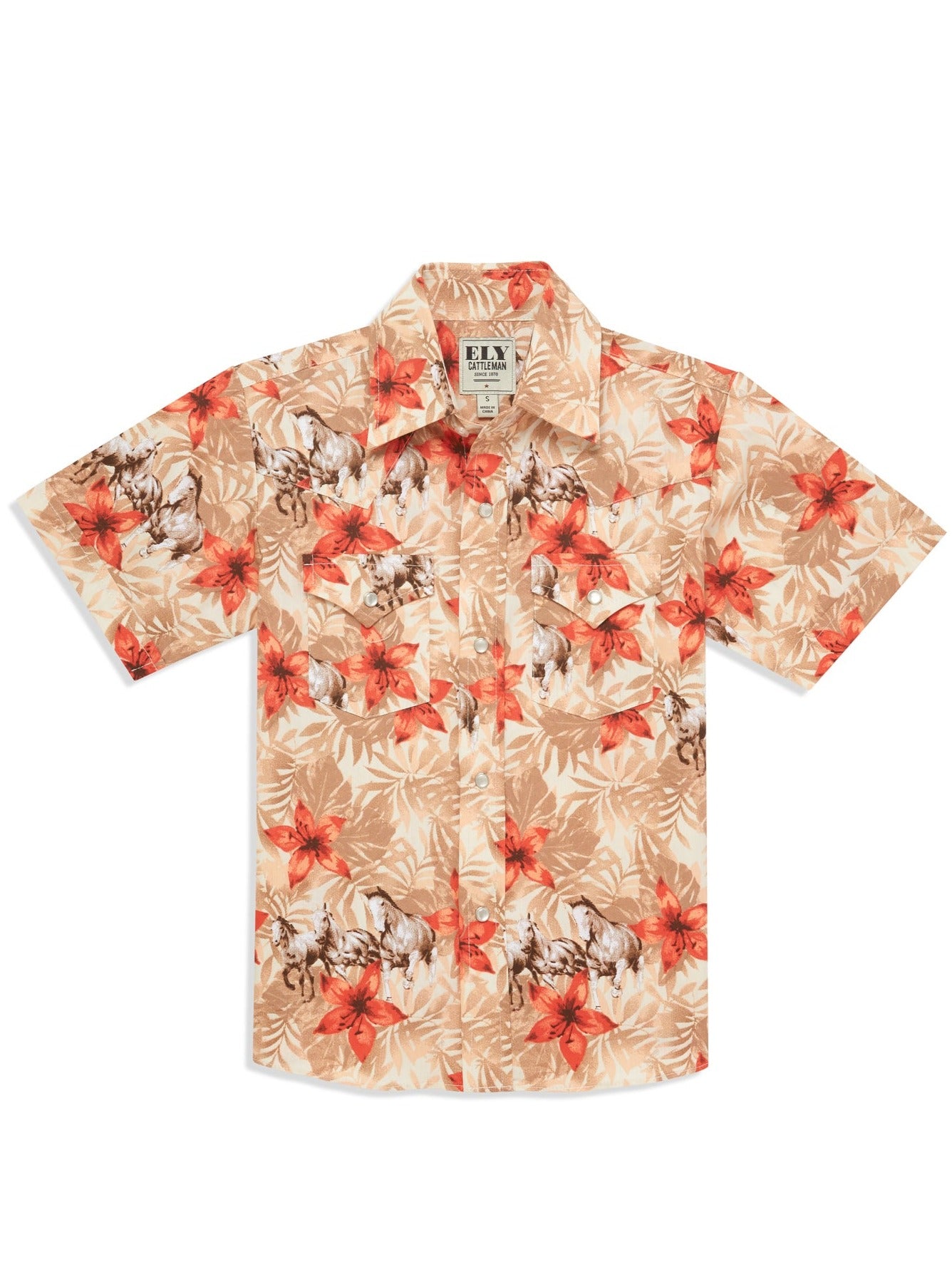 Boy's Ely Cattleman Short Sleeve Hawaiian Horse Print Snap Shirt- Tan & Ecru