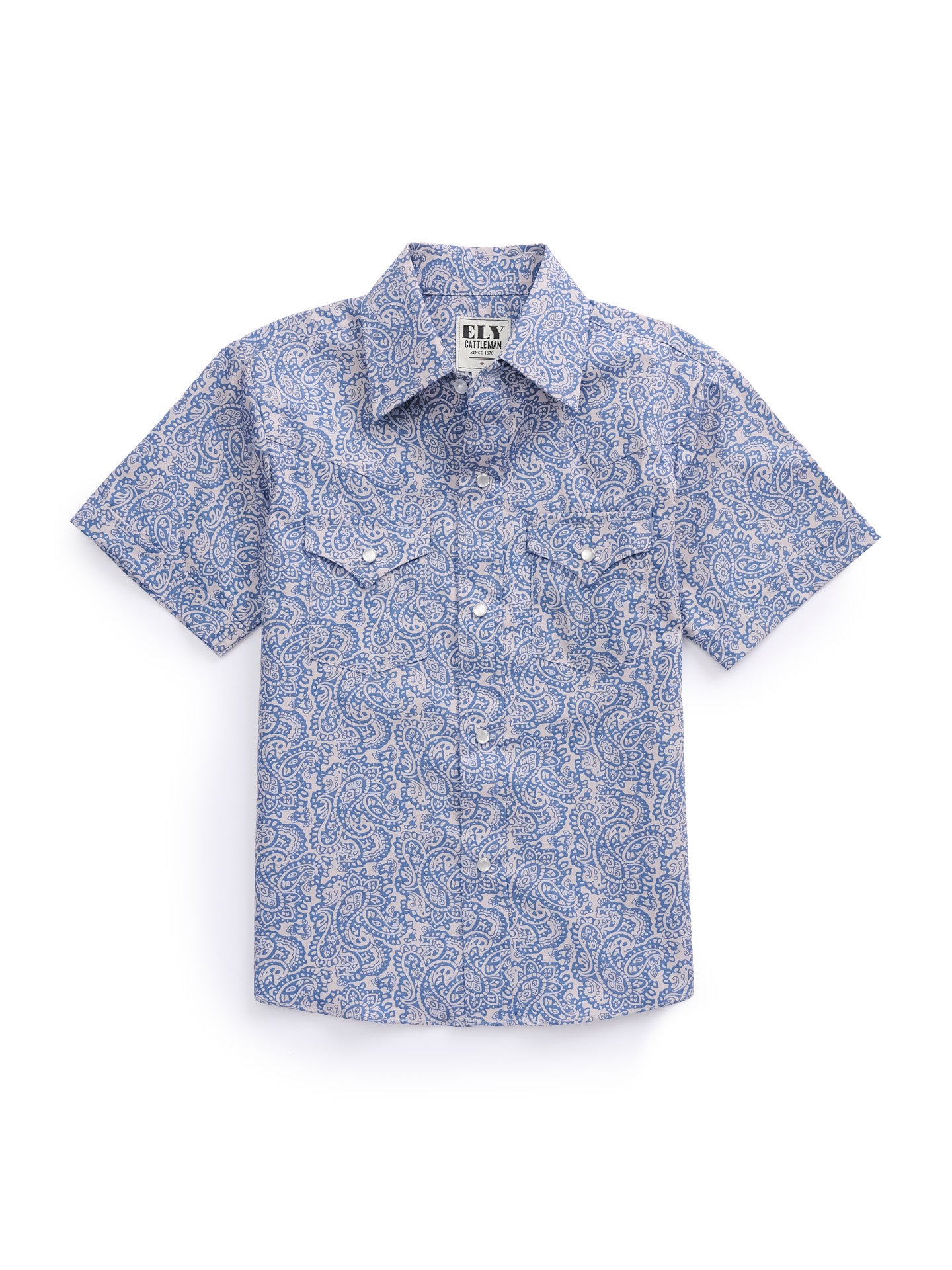 Boy's Ely Cattleman Short Sleeve Paisley Print Snap Shirt- Navy