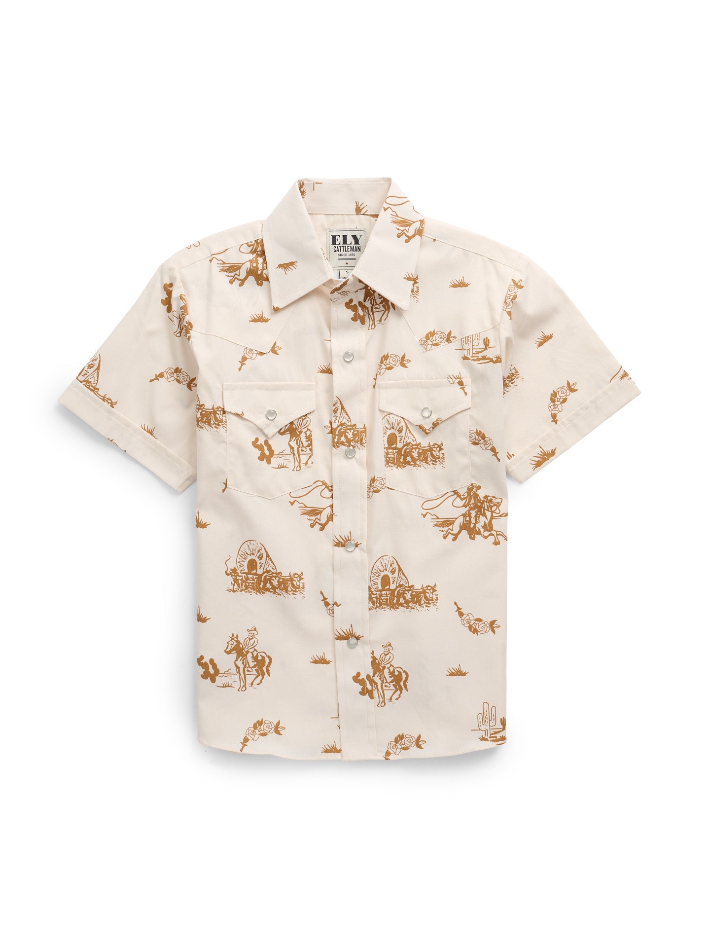 Boy's Ely Cattleman Short Sleeve Cowboy Print Snap Shirt