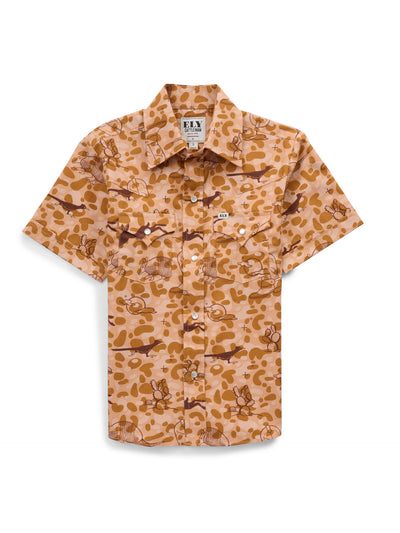 Boy's Ely Cattleman Short Sleeve Conversational Camo-Tan Print Snap Shirt