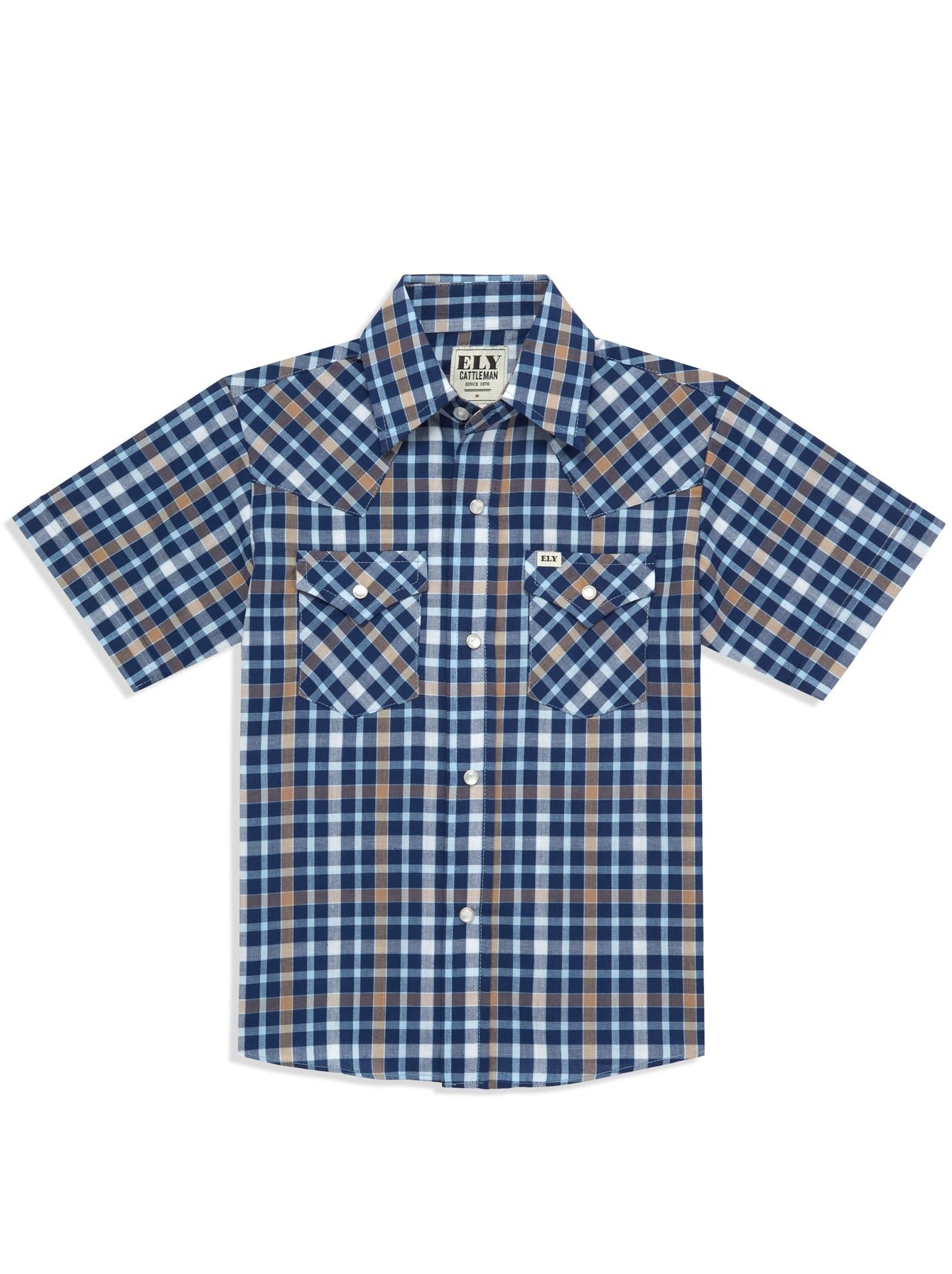 Boy's Ely Cattleman Short Sleeve Heritage Plaid Western Snap Shirt - Navy