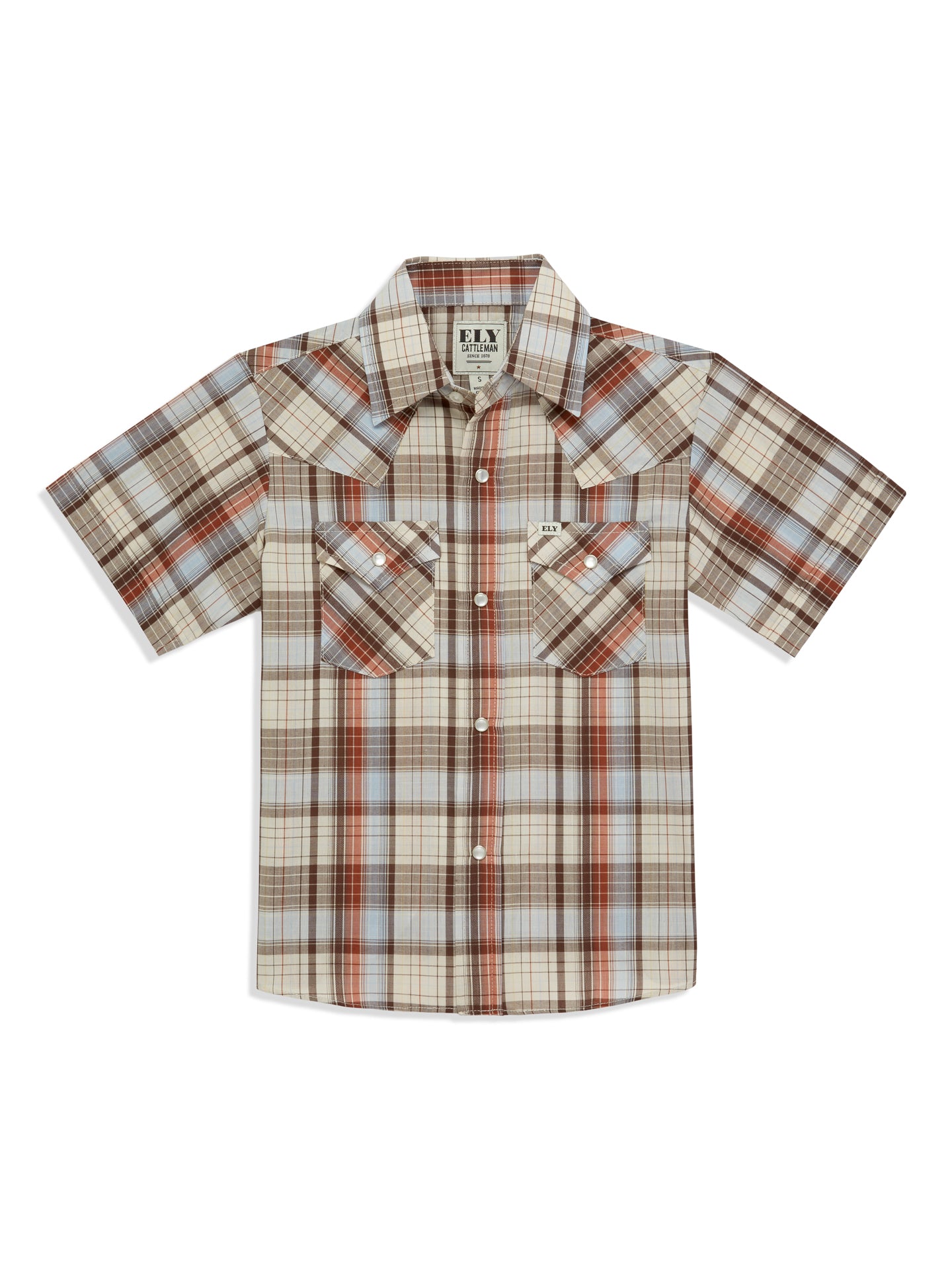 Boy's Ely Cattleman Short Sleeve Plaid Western Snap Shirt - Brown & Blue
