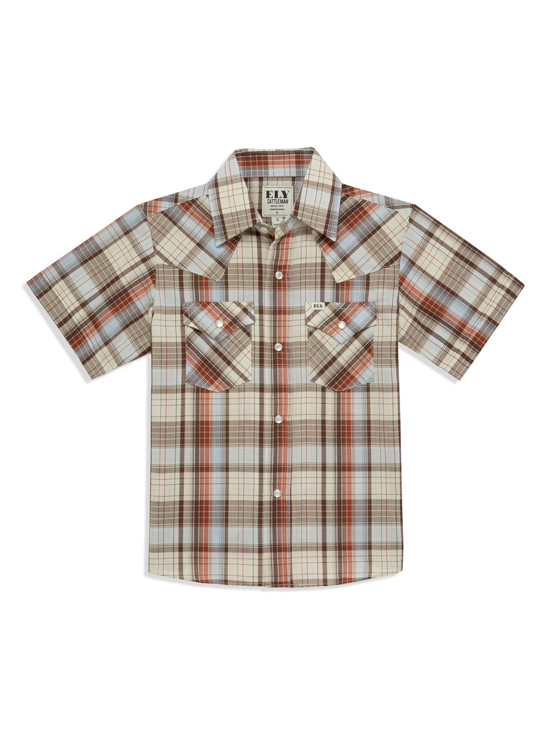 Boy's Ely Cattleman Short Sleeve Plaid Western Snap Shirt - Blue & Brown