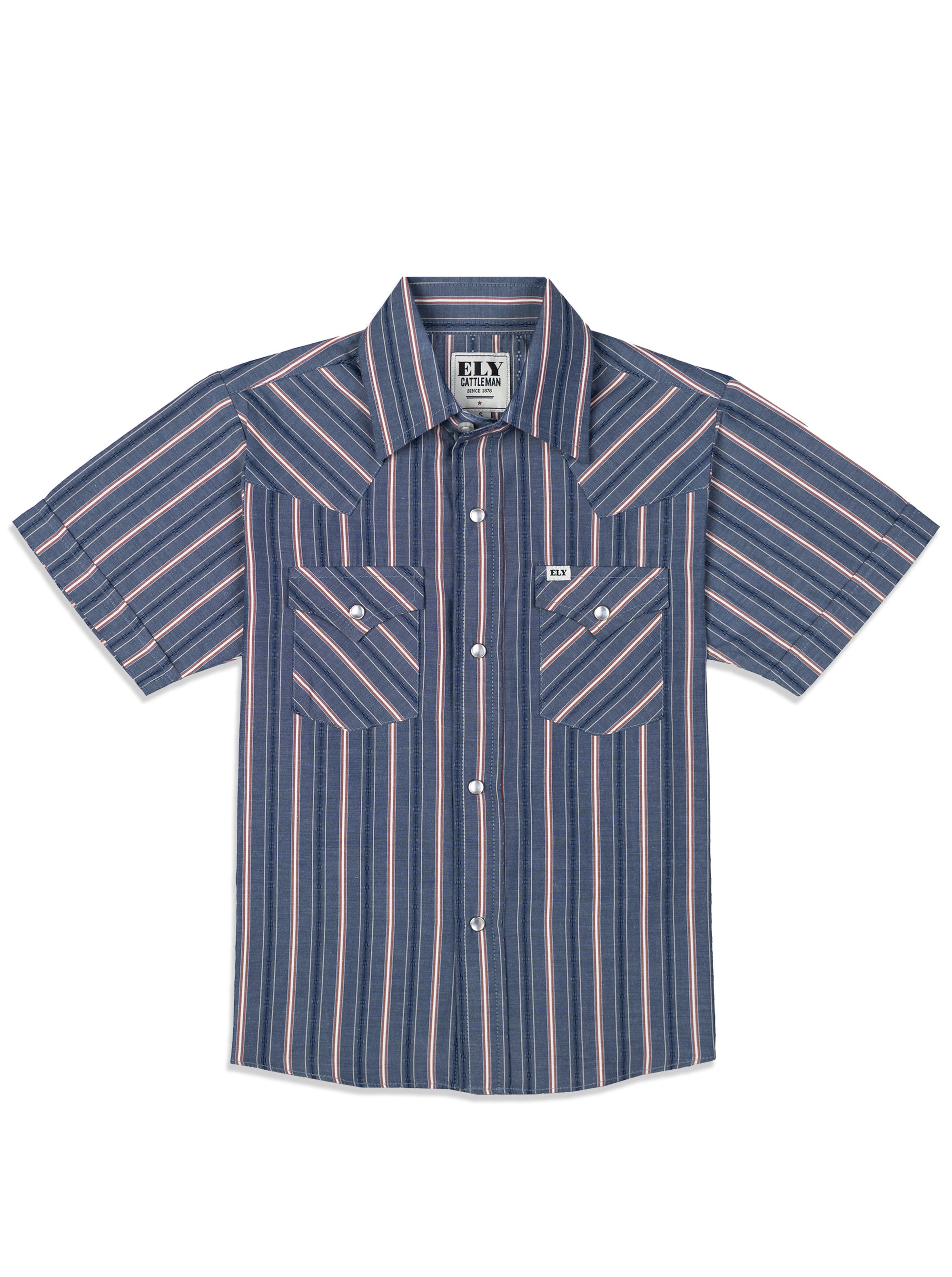 Boy's Ely Cattleman Short Sleeve Americana Dobby Stripe Western Snap Shirt - Blue & Red