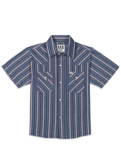 Boy's Ely Cattleman Short Sleeve Americana Dobby Stripe Western Snap Shirt - Blue & Red