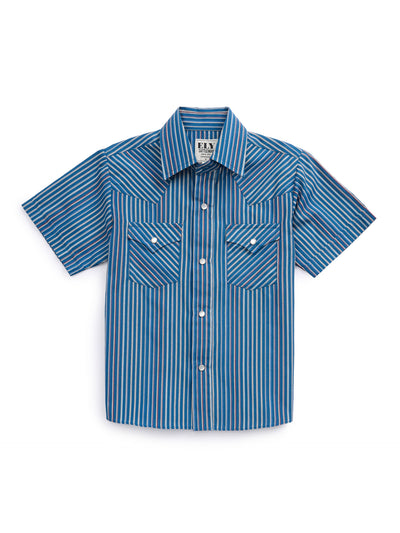 Boy's Ely Cattleman Short Sleeve Stripe Western Snap Shirt - Navy