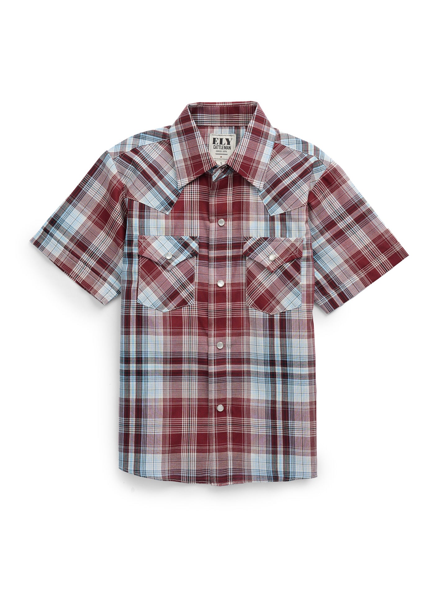 Boy's Ely Cattleman Short Sleeve Burgundy Plaid Western Snap Shirt