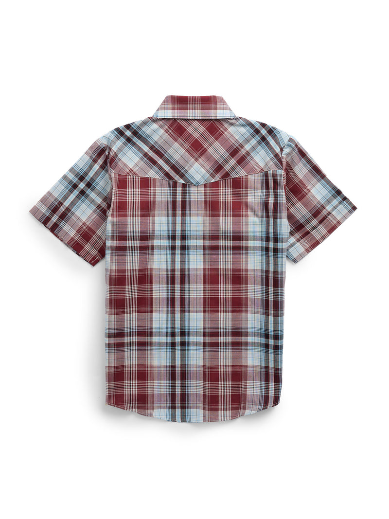 Boy's Ely Cattleman Short Sleeve Burgundy Plaid Western Snap Shirt