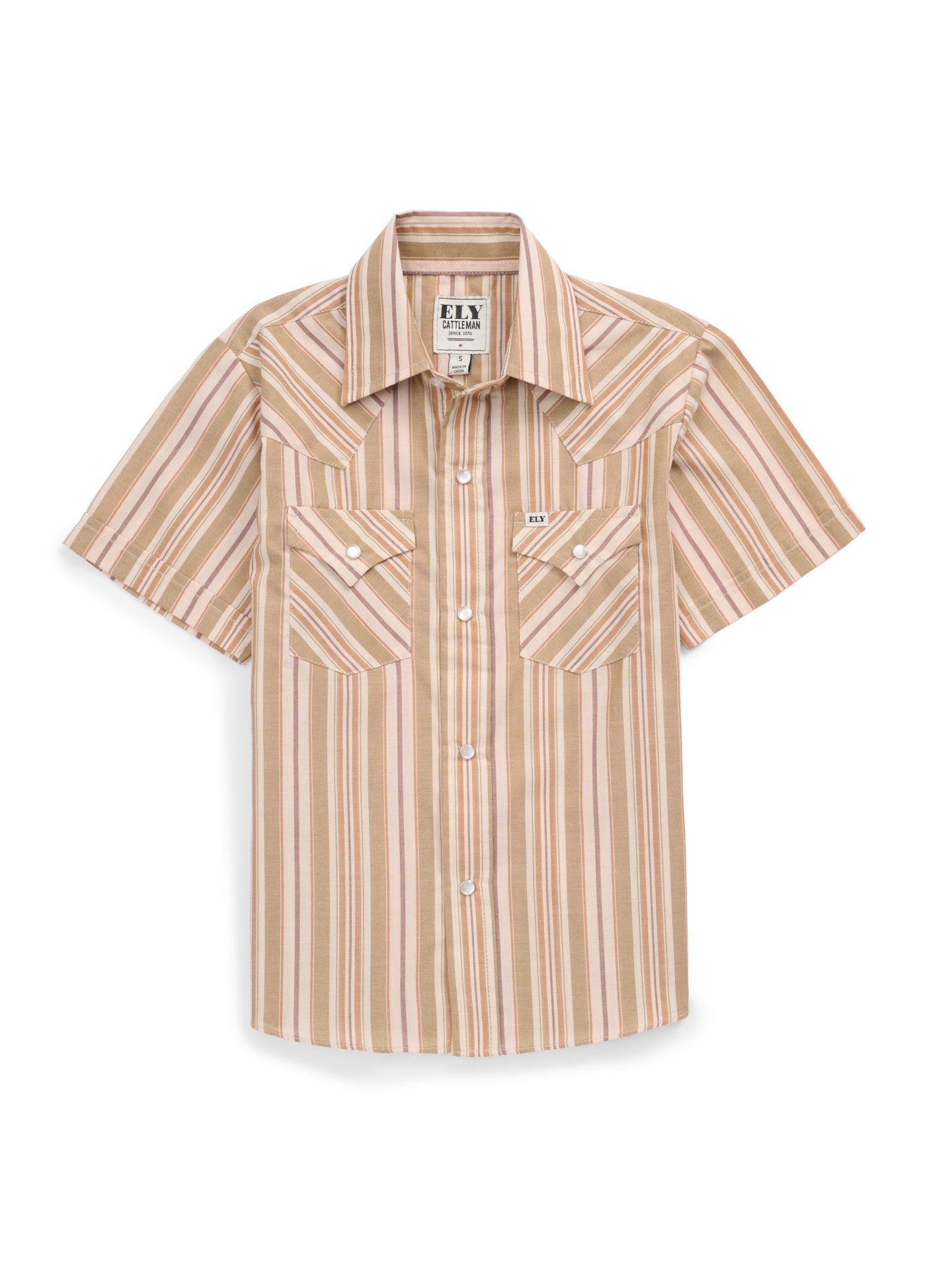 Boy's Ely Cattleman Short Sleeve Olive Stripe Western Snap Shirt