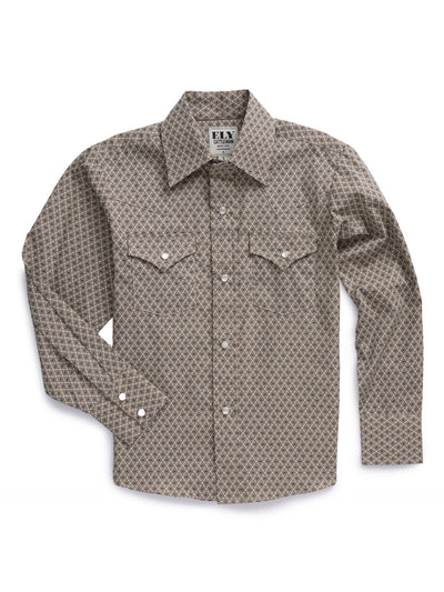 Boy's Ely Cattleman Long Sleeve Medallion Print Western Snap Shirt- Teal & Khaki