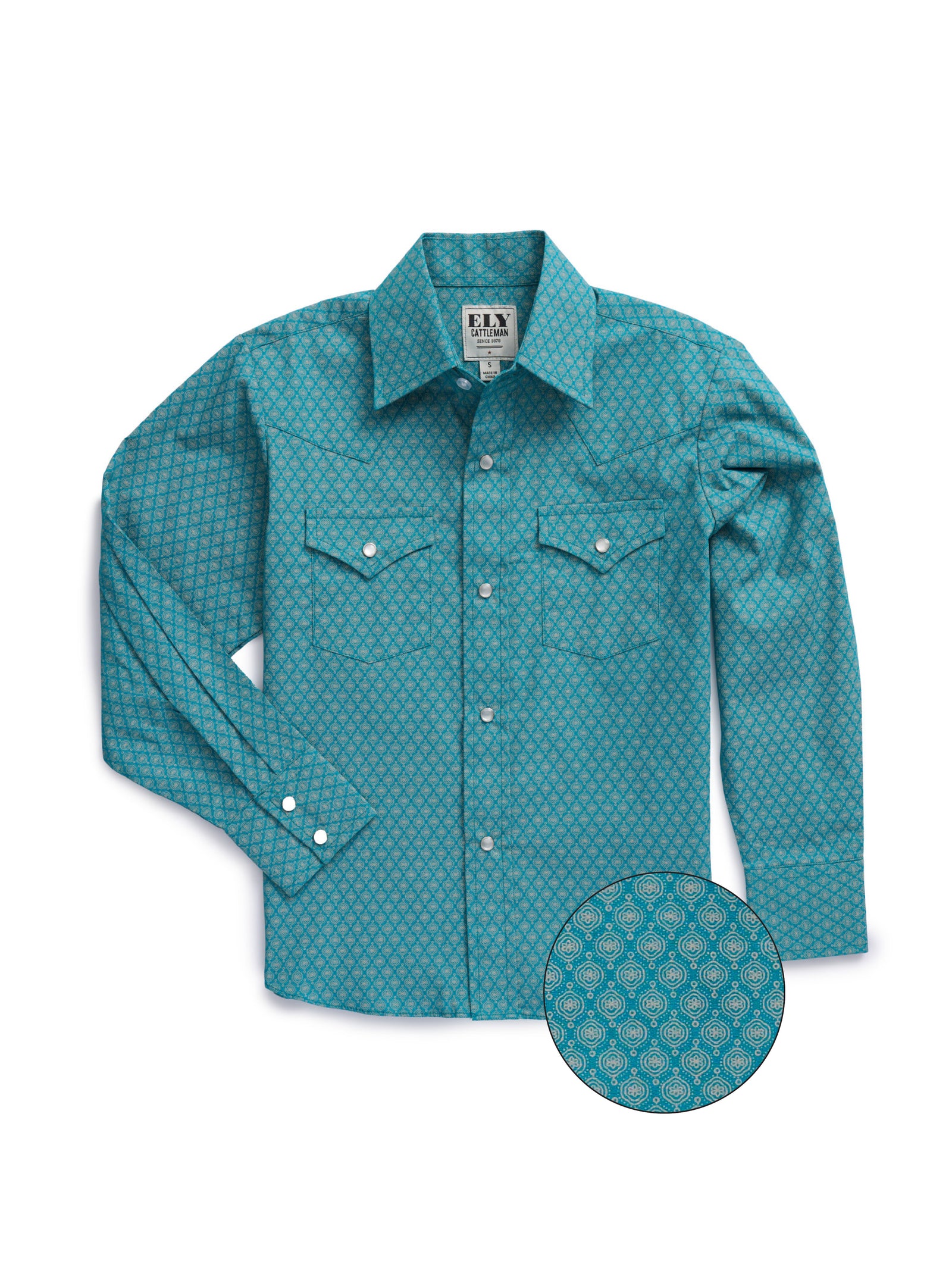 Boy's Ely Cattleman Long Sleeve Medallion Print Western Snap Shirt- Teal & Khaki