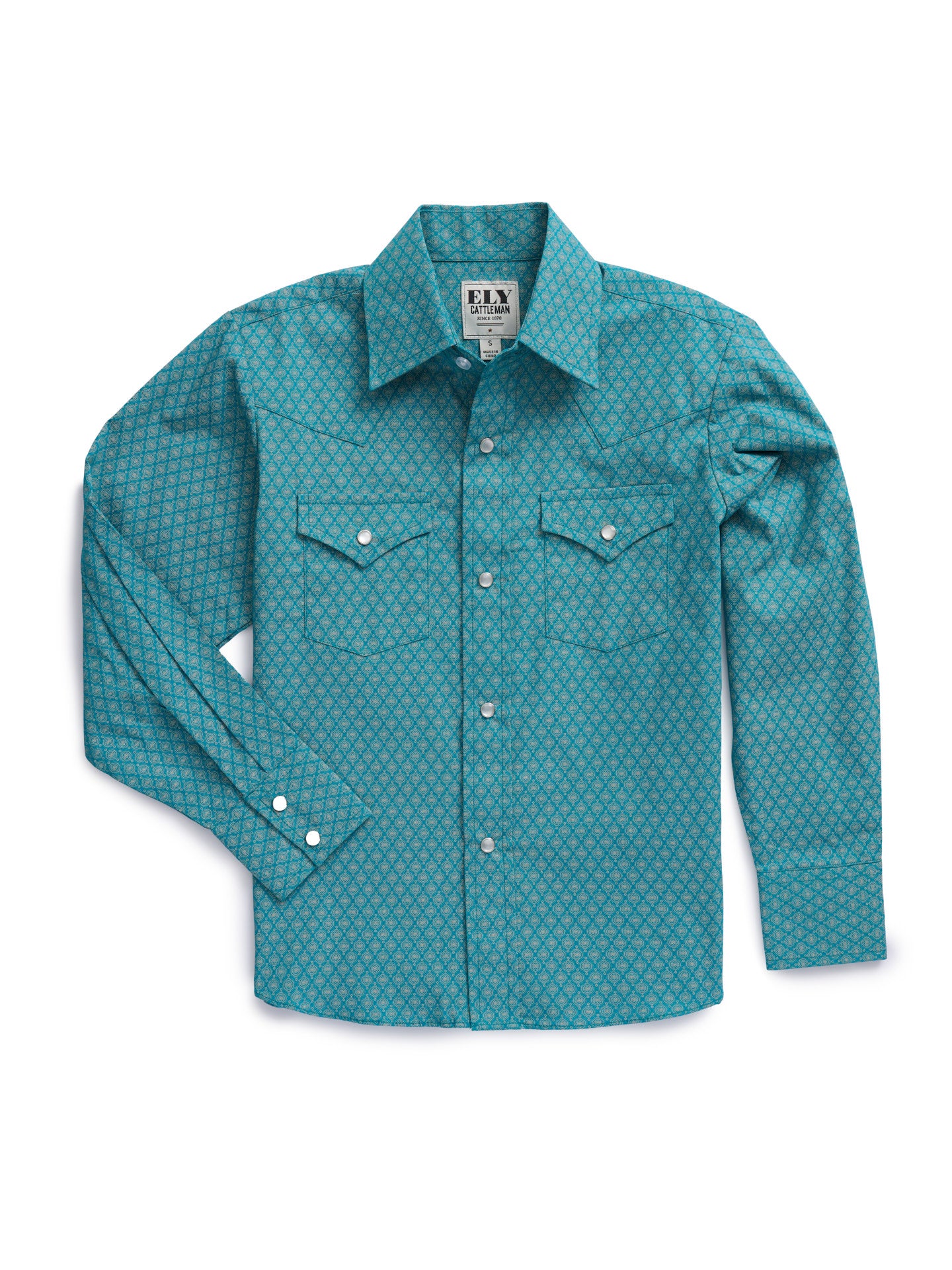 Boy's Ely Cattleman Long Sleeve Medallion Print Western Snap Shirt- Teal & Khaki