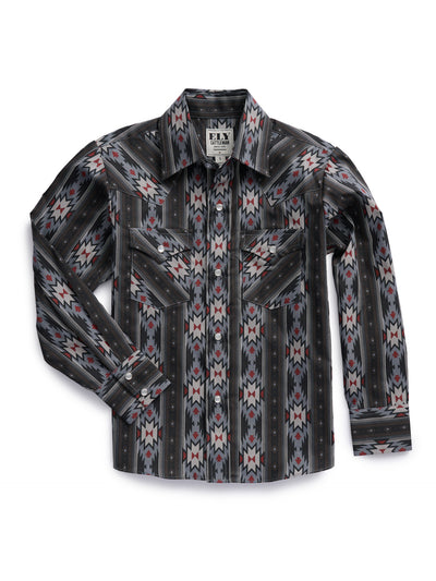 Boy's Ely Cattleman Long Sleeve Aztec Print Western Snap Shirt- Blue & Black