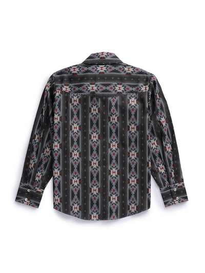 Boy's Ely Cattleman Long Sleeve Aztec Print Western Snap Shirt- Blue & Black