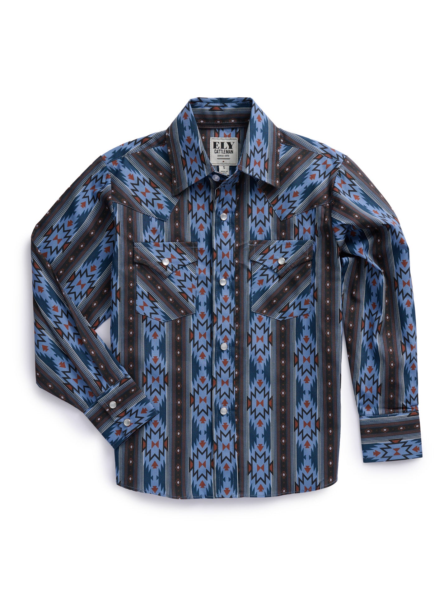 Boy's Ely Cattleman Long Sleeve Aztec Print Western Snap Shirt- Blue & Black