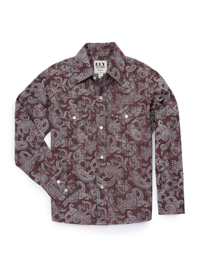 Boy's Ely Cattleman Long Sleeve Paisley Print Snap Shirt- Denim Blue & Burgundy