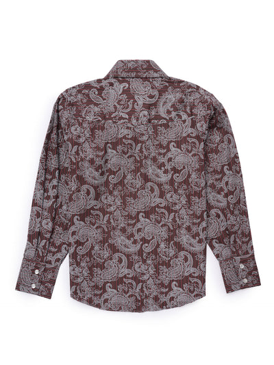 Boy's Ely Cattleman Long Sleeve Paisley Print Snap Shirt- Denim Blue & Burgundy