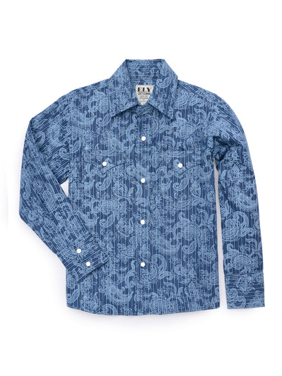 Boy's Ely Cattleman Long Sleeve Paisley Print Snap Shirt- Denim Blue & Burgundy