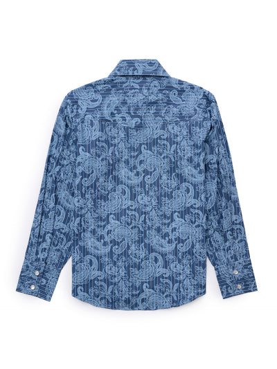 Boy's Ely Cattleman Long Sleeve Paisley Print Snap Shirt- Denim Blue & Burgundy