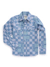 Boy's Ely Cattleman Long Sleeve Checkered Patchwork Print Snap Shirt- Denim Blue