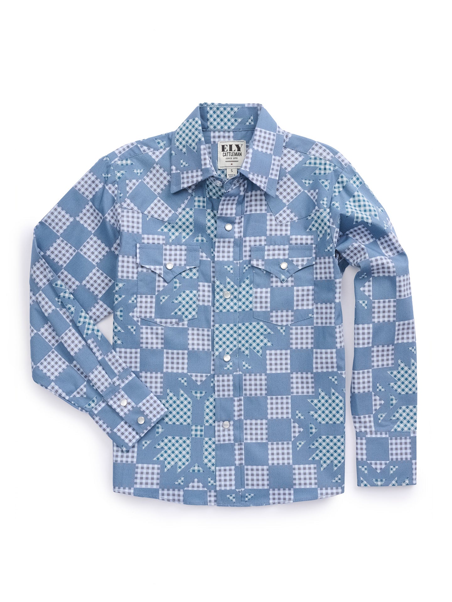 Boy's Ely Cattleman Long Sleeve Checkered Patchwork Print Snap Shirt- Denim Blue