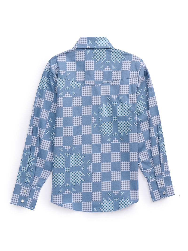 Boy's Ely Cattleman Long Sleeve Checkered Patchwork Print Snap Shirt- Denim Blue