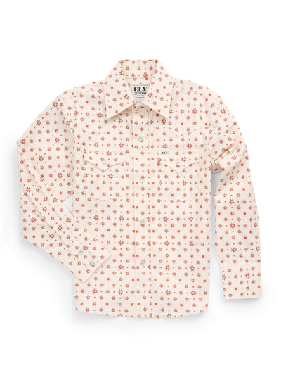 Boy's Ely Cattleman Long Sleeve Retro Star Print Snap Shirt- Ecru