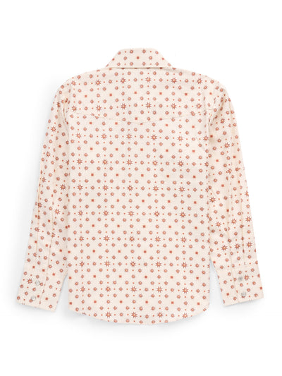 Boy's Ely Cattleman Long Sleeve Retro Star Print Snap Shirt- Ecru