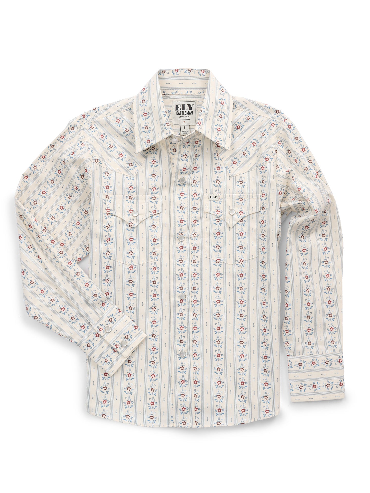 Boy's Ely Cattleman Long Sleeve Wallpaper Floral Print Snap Shirt-Ecru