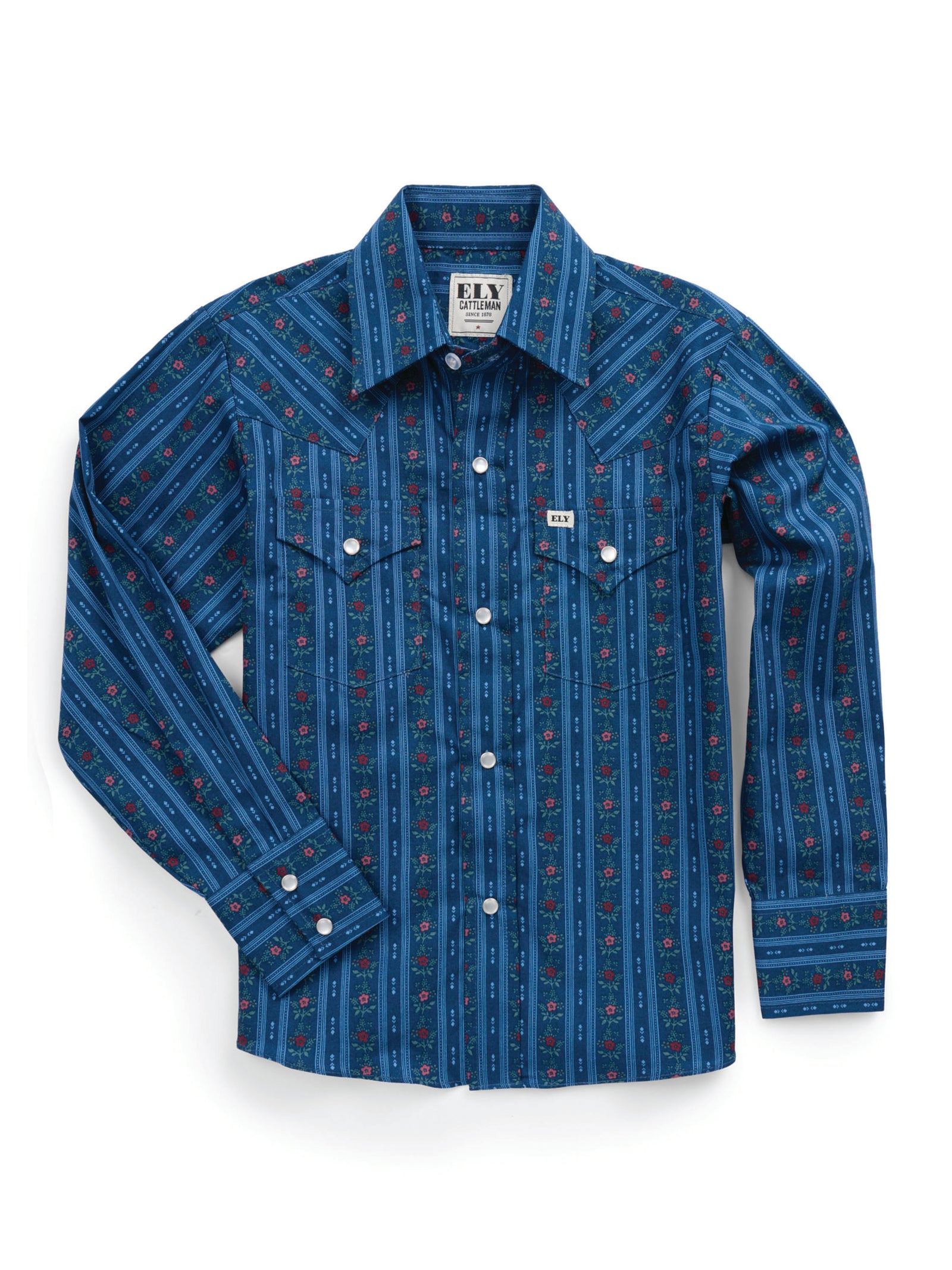 Boy's Ely Cattleman Long Sleeve Wallpaper Floral Print Snap Shirt- Navy
