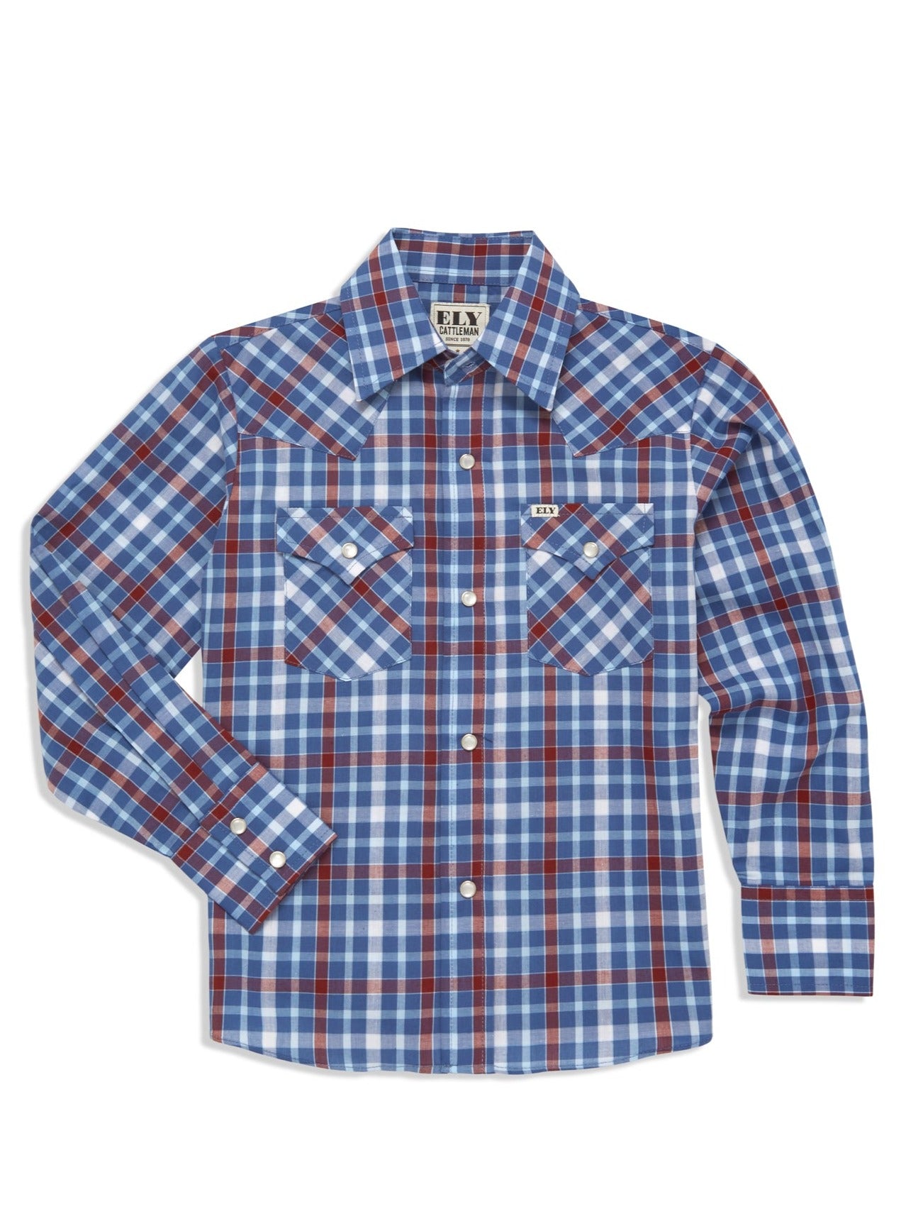 Boy's Ely Cattleman Long Sleeve Heritage Plaid Western Snap Shirt- Blue & White