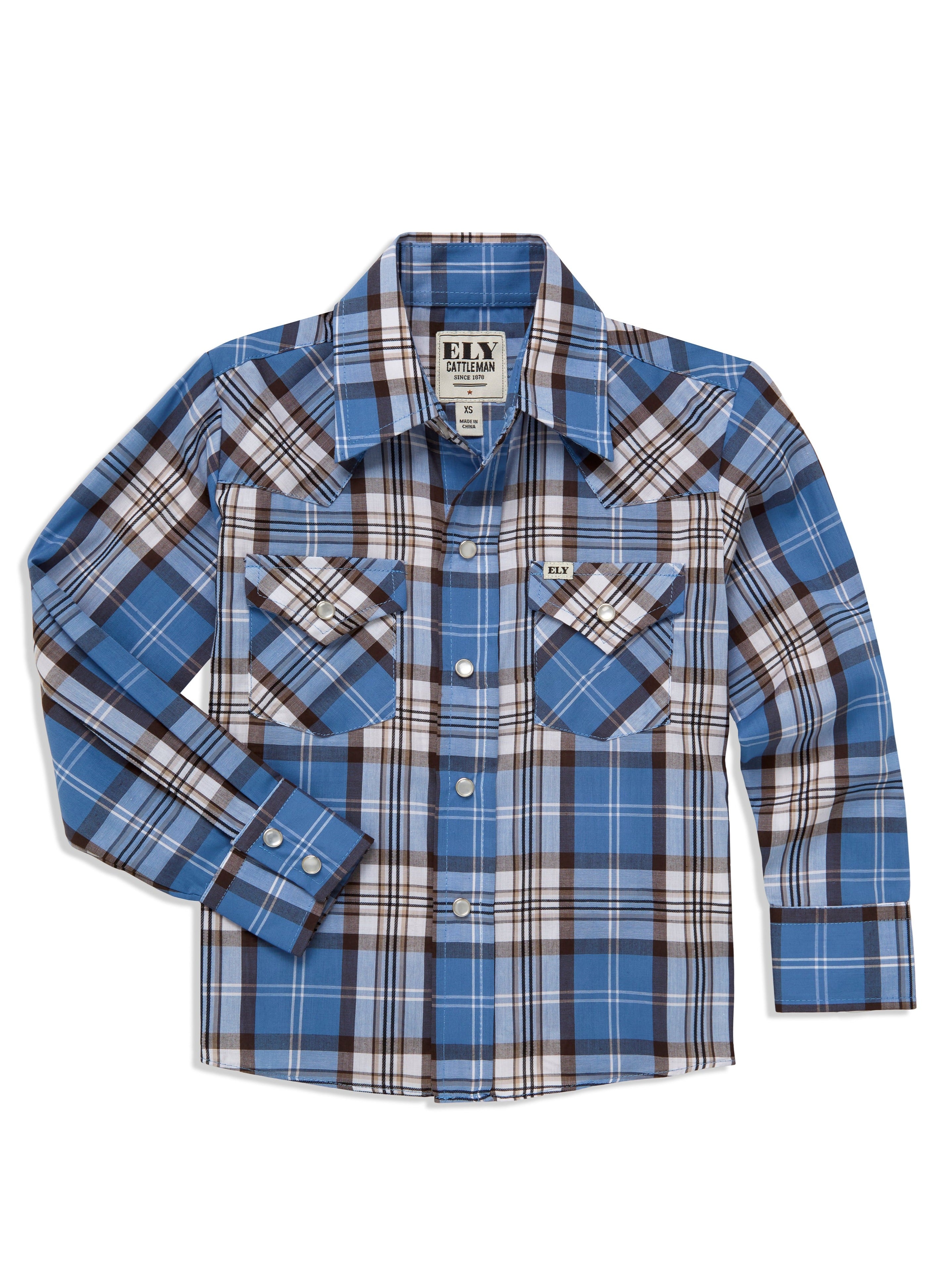 Boy's Ely Cattleman Long Sleeve Textured Plaid Western Snap Shirt- Blu